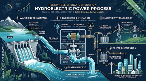 Hydroelectric power plant energy generation process diagram.