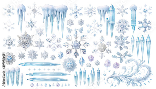 Collection of Various Winter Snowflakes and Icicles for Decoration