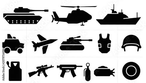 Military Vehicles and Weapons Silhouettes Including Ships, Aircraft, and Equipment