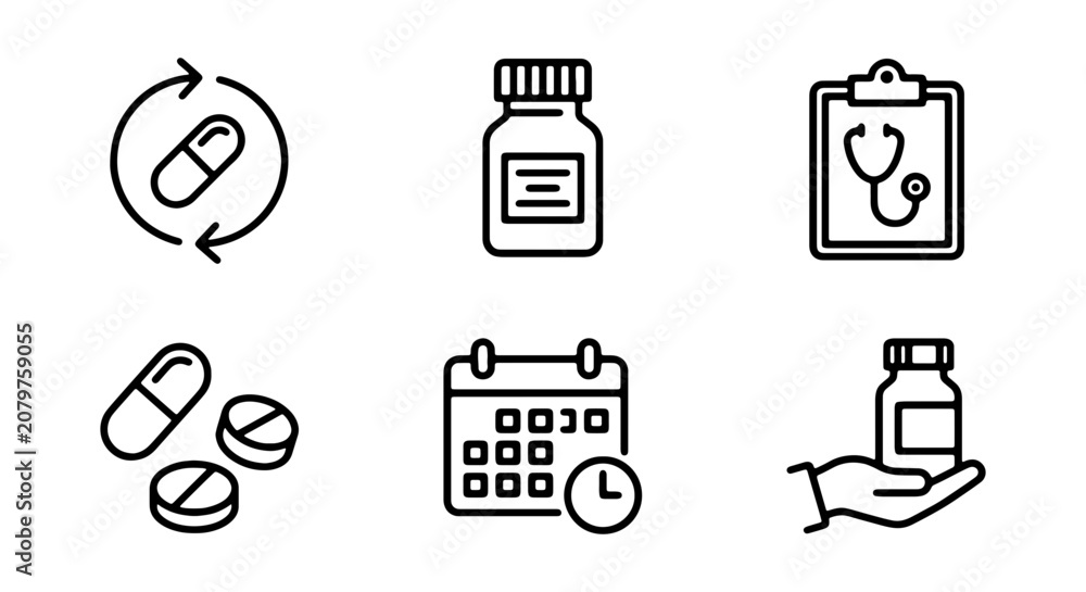 Fototapeta premium Medical Icons: Pills, Calendar, Doctor's Clipboard, Pharmacy Bottles, Healthcare Vector Set