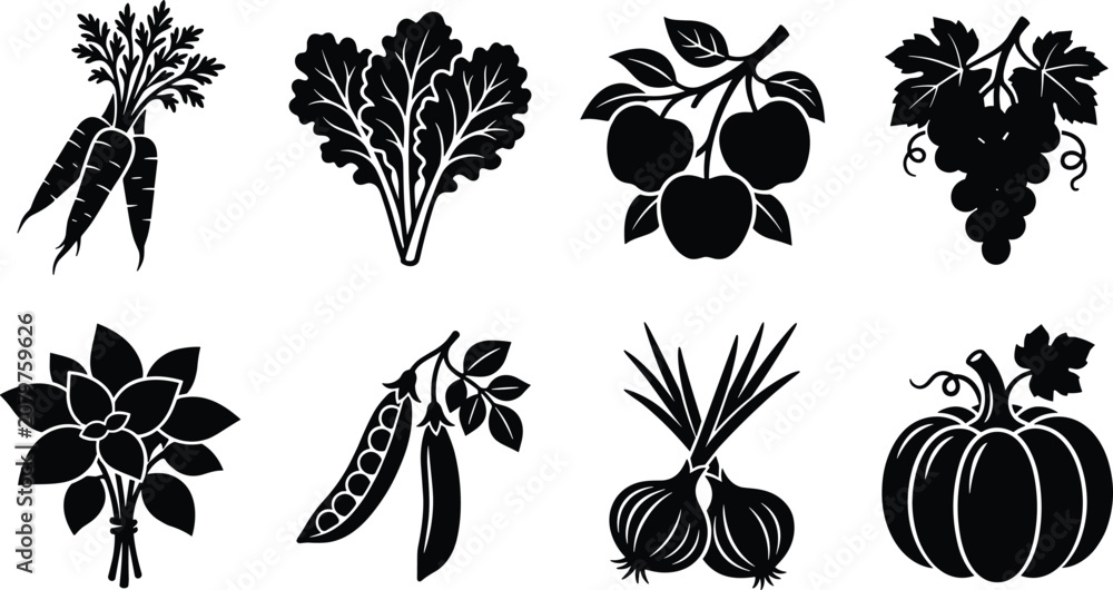 Obraz premium Black and white vegetable and fruit silhouette vector icon set for organic food design