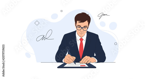Businessman signing contract with elegant signatures, illustration of agreement and business deal