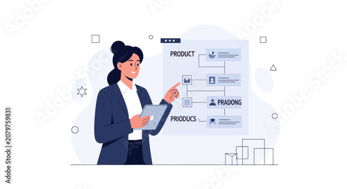 Businesswoman analyzing product roadmap on tablet and presentation screen, showing project management and strategy.