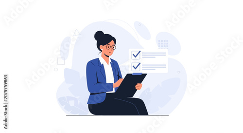 Businesswoman completing checklist on clipboard, flat vector illustration with modern abstract background. Concept of tasks, planning, success.