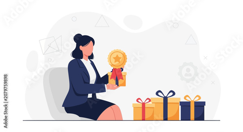 Businesswoman holding a gold medal award and gift boxes, symbolizing achievement, rewards, and corporate success