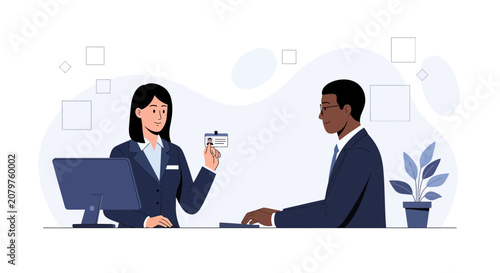 Εκτύπωση καμβά Businesswoman presents ID badge to businessman at reception desk with computer and potted plant, modern office