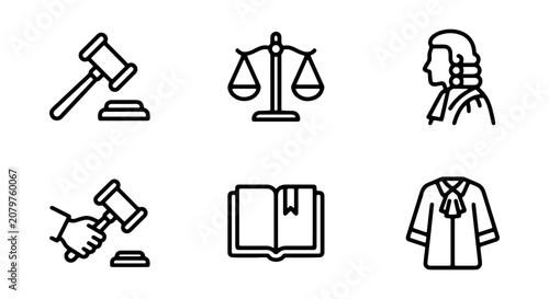Photos Law Icons Set, Justice Symbols, Legal Gavel, Scales, Book, Judge Robe Vector