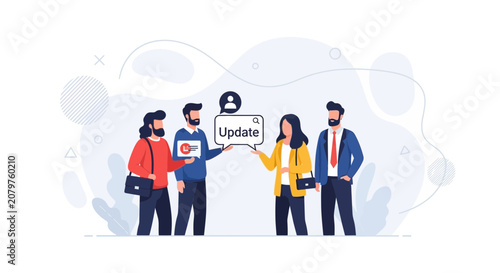 Diverse team collaborates on software update, discussing new features with search and notification icons