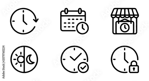 Fotografía Time Icons: Clock, Calendar, Store Hours, Day-Night, Schedule, Locked Time