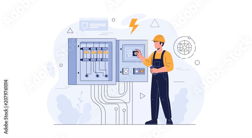 Electrician working on control panel with circuit breakers and electrical schematics, modern flat illustration