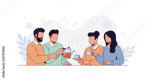 Diverse group of friends enjoying a tea break, vector illustration in flat design style