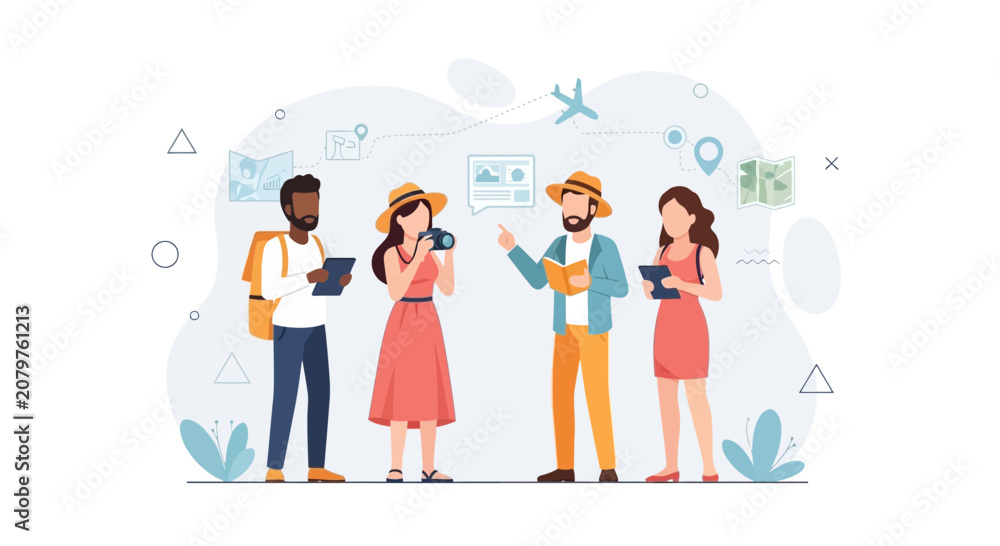 Fototapeta premium Diverse group of tourists planning a vacation, using maps and technology, with travel icons in the background.