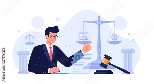 Lawyer in suit pointing at scales of justice, gavel and legal document, concept of justice and law