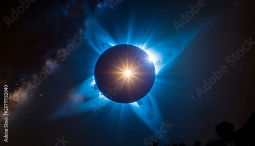 Celestial Orb Glowing in Cosmic Blue Nebula.