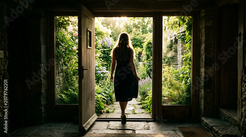 Woman walks through doorway into lush garden on sunny day outside
