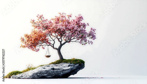 Pink blossom tree on rock with birdhouse.