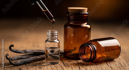 Aromatic Essential Oil Drops Bottles and Vanilla Beans on Wooden Surface