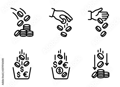 Money Falling Icons, Coin Drop Graphics, Financial Investment Symbols, Currency Exchange Vector Set