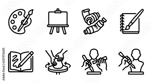 Artistic Creation Icons: Palette, Easel, Paint Tubes, Sketchbook, Pottery, Sculpture