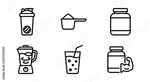 Fitness Nutrition Icons: Shaker, Scoop, Blender, Drink, Supplement Jars