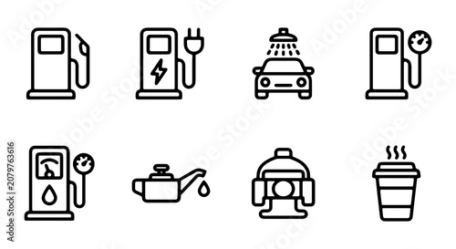 Fuel Station Icons, Electric Car Charging, Car Wash, Oil Can, Coffee Cup Vector Set