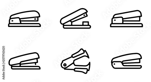 Stapler Icons Set: Office Supplies, Stationery Tools, Business Equipment Vector Graphics