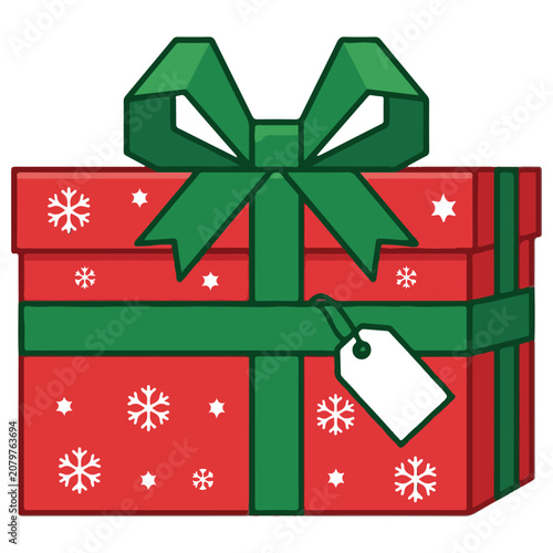 Wrapped christmas gift box with green ribbon bow and blank price tag christmas celebration