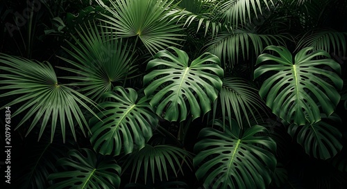 Lush Monstera and Palm Leaves Dense Jungle Foliage