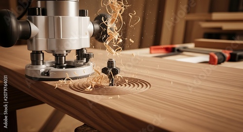 Professional Router Shaving Wood on Circular Groove