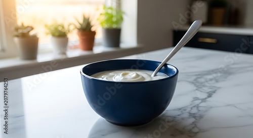 Dark Blue Bowl of Yogurt on Marble Kitchen Counter