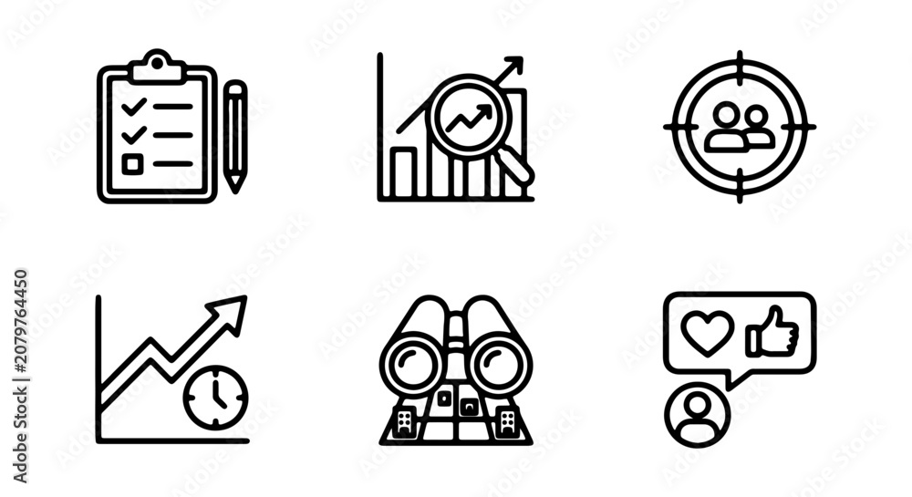 Fototapeta premium Business Analytics Icons, Growth Charts, Target Audience, Research Tools, Marketing Strategy