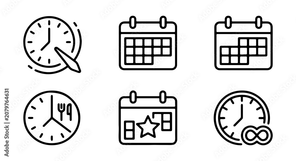 Fototapeta premium Calendar and Clock Icons, Time Management, Scheduling, Planning, Vector Set