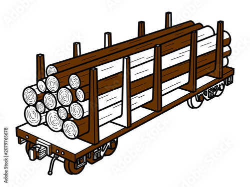 Industrial railway flatcar loaded with raw timber logs for forestry industry supply chain and lumber transport logistics illustration for woodworking business and natural resource management