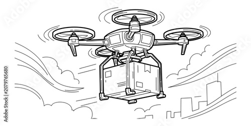 Autonomous delivery drone transporting a parcel over a modern urban city skyline for last-mile logistics and futuristic e-commerce shipping solutions line art illustration for technology business