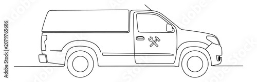 Minimalist one-line art of a professional service utility truck with tool icons for mobile repair business and field maintenance logistics for corporate trade services and technical support branding