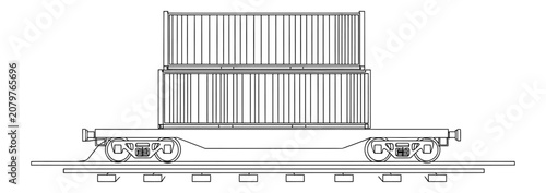 Intermodal railway flatcar carrying stacked shipping containers for global trade logistics and international freight transport illustration for port operations and supply chain management professional