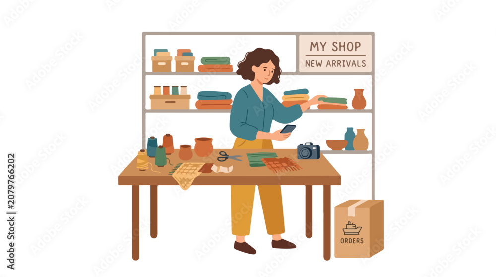 Fototapeta premium A woman stands in her craft shop, using her phone to take pictures of handmade items for her small business and online store.