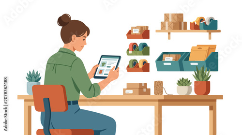 A young woman sits at her desk in a tidy workspace, using a tablet to manage her small business's inventory and customer orders.