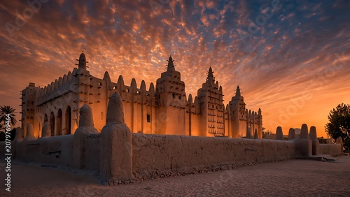 The Great Mosque of Djenné stands majestically at sunset, its mud-brick architecture illuminated by the warm, dramatic sky.