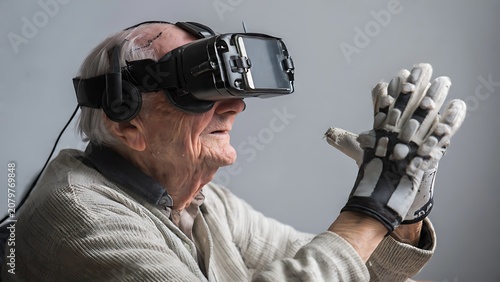 An elderly man wearing a virtual reality headset and a specialized glove explores a digital world, showcasing the intersection of advanced technology and human experience.