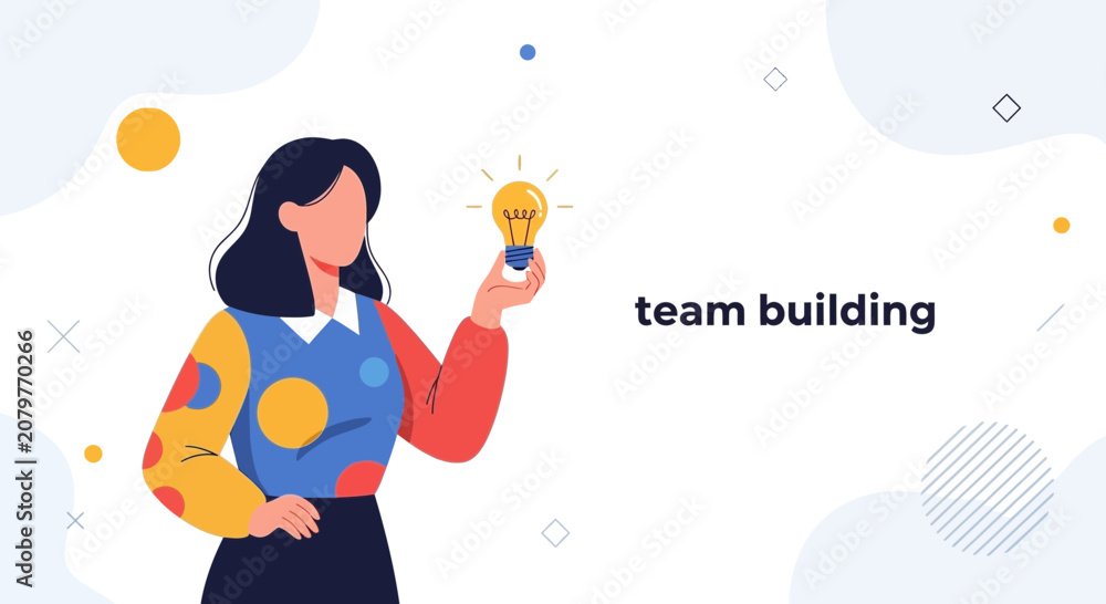 Fototapeta premium Woman with Lightbulb, Team Building Concept, Innovation, Idea Generation, Strategy, Vector Illustration