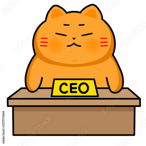 A cute orange cat company ceo boss cartoon character sitting behind an office desk