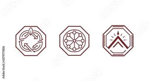 Three Intricate Geometric Symbols in Octagonal Frames.