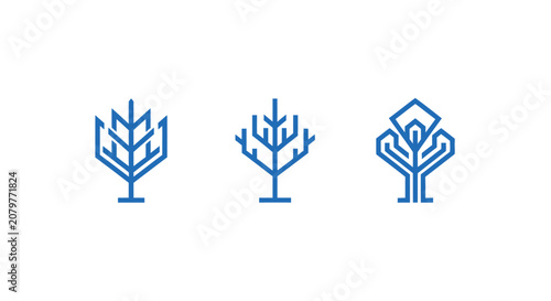 Minimalist blue tree icons set with clean lines.