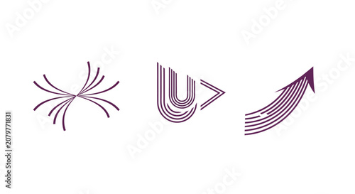 Three abstract purple arrow icons set.