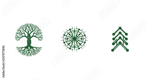 Three Green Tree and Leaf Symbols in Minimalist Style.