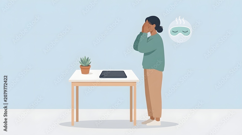 Fototapeta premium Feeling Drained: A woman stands by a desk, her hands covering her face, looking exhausted as a sleep symbol floats above her head, indicating fatigue and the need for rest.