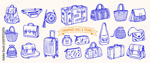 Vászonkép Handmade Bags and Trunks Collection: A charming collection of various handmade bags and trunks, illustrated in a simple blue outline style, showcases different types of luggage and accessories