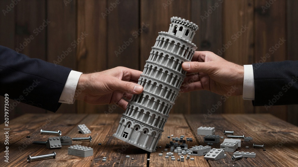 Obraz premium Two hands assemble a tilted Lego Leaning Tower of Pisa on wooden surface.