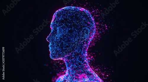 Artificial intelligence digital human head profile with glowing data particles